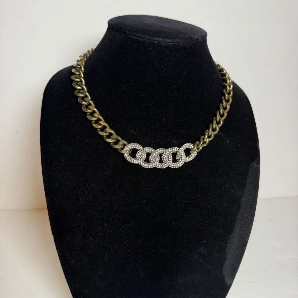 Silpada KR Bronze Tone Chunky Link Necklace Crystal Pave Front Links 18" + 2"